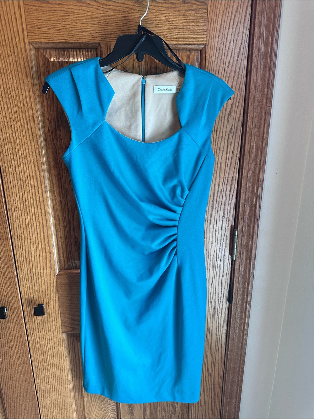 Calvin Klein Dress Size 4 Teal Blue Draped Rusched Sides Cocktail Business